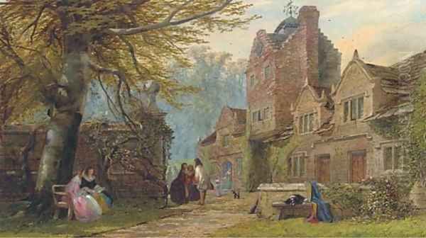 Figures in Van Dyck costume before an Elizabethan manor house - view 1