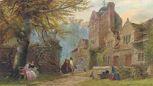 Figures in Van Dyck costume before an Elizabethan manor house by John Edmund Buckley