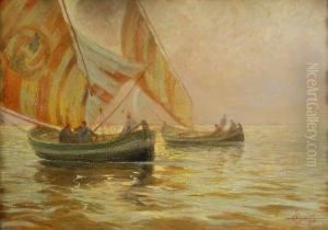 Marina Al Tramonto Con Pescatori by Ludovico Cavaleri