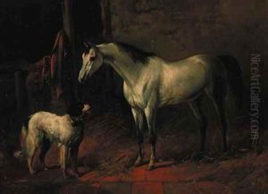 A grey hunter with a dog in a stable by Karl Frederik Bombled