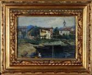 Scorcio Di Paeselacustre Con Lavandaie by Giovanni Cavalli