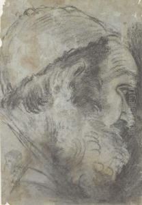 Head Of A Bearded Man In A Cap,
In Profile To The Right, With Astudy Of Another Head In The Lower Left
Corner by Giacomo Cavedone