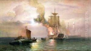 South Sea whalers boiling blubber, with whale alongside