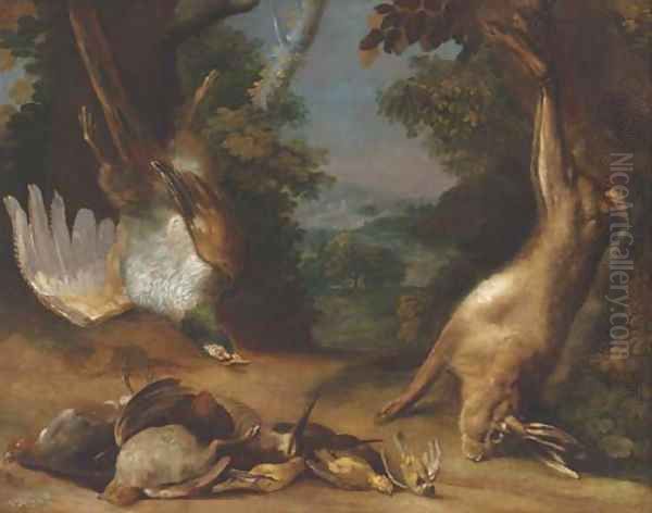 A dead hare and pheasant with partridge - view 1
