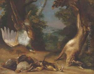 A dead hare and pheasant with partridge by Peter Von Bemmel