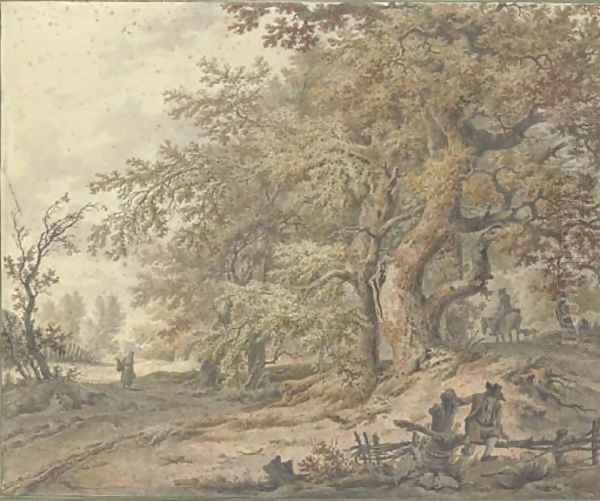 A forest with a traveller on a horse, a woman carrying a basket - view 1