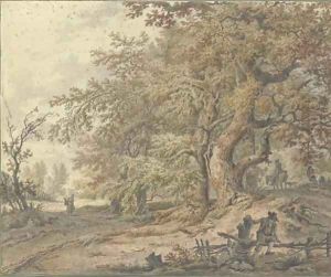 A forest with a traveller on a horse, a woman carrying a basket by Pieter Barbiers