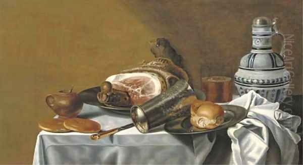 A ham and a bread roll on pewter plates - view 1