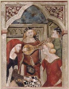 A couple playing chess, with musicians in an interior by School Of Bergamo
