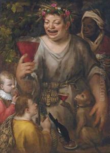 Bacchus with a page, a peasant, a servant, a magpie and an ape