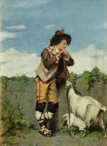 Trachtenbub Mit Ziegen An Der Dorfmauer by Adriano Cecchi