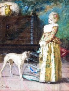 Woman Withbirdcage And Greyhound In An Interior