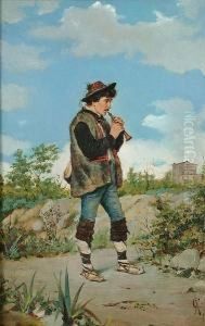 An Italian Peasant Playing An Oboe by Adriano Cecchi