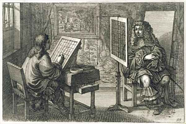 Artist painting a portrait over a grid for accurate proportion - view 1