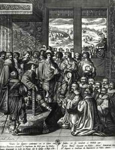 Louis XIII (1601-43) back from the siege of La Rochelle, congratulated by the Prevot des Marchands by Abraham Bosse