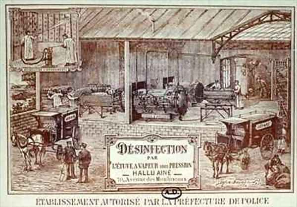 Poster advertising Machinery for Disinfection by Steam produced by Hallu Aine, end nineteenth century - view 1