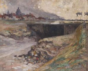 Bridge Over A River With View On The City Of Ieper by Julien Celos