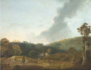 Figures in a landscape with a farmhouse beyond by Joseph Browne
