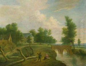 A traveller conversing with a peasant woman on a riverbank by a footbridge, farmhouses beyond by Marc Baets