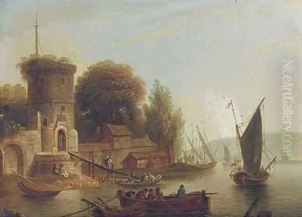 A river landscape with fisherman, a walled town beyond - view 1