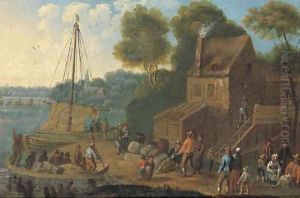 A river landscape with merchants unloading boats and other figures in the foreground by Marc Baets