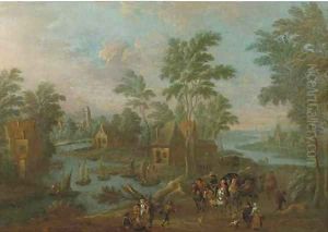 A river landscape with a carriage, horsemen and travellers on a path in a village