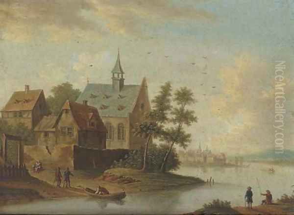 A river landscape with a village and anglers - view 1