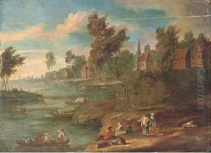 A river landscape with figures at rest on the river bank, a town beyond by Marc Baets