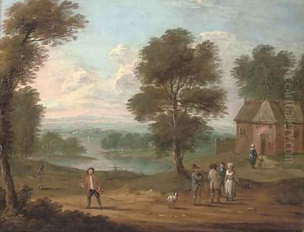 A river landscape with figures on a track, a cottage beyond - view 1