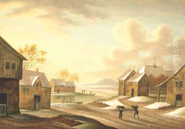 A winter landscape with peasants in a village by a river - view 1
