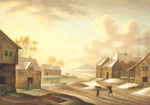 A winter landscape with peasants in a village by a river by Marc Baets