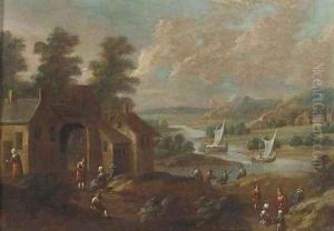An extensive river landscape with figures by a village by Marc Baets