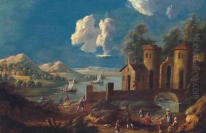 A river landscape with peasants on a track before a bridge and tower, fishing boats beyond
