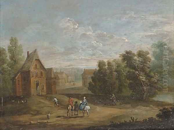 A wooded river landscape with figures on horseback by a village; and A wooded river landscape with anglers on a river bank - view 1