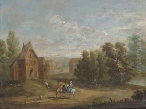 A wooded river landscape with figures on horseback by a village; and A wooded river landscape with anglers on a river bank by Marc Baets