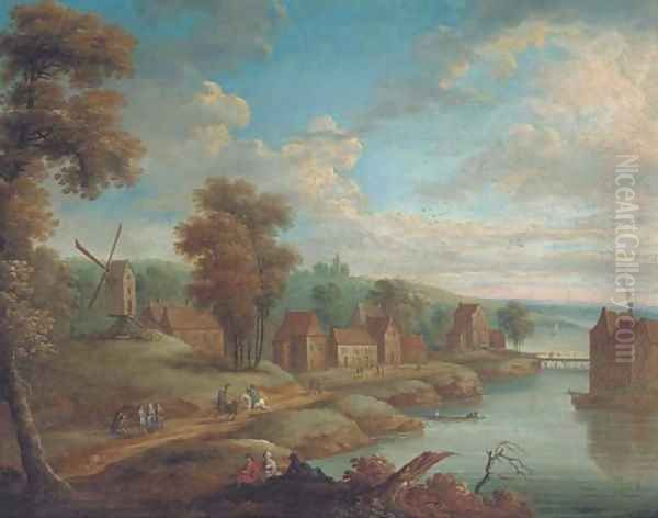 A wooded river landscape with mounted figures on a track, a village beyond - view 1