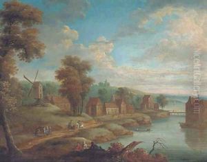 A wooded river landscape with mounted figures on a track, a village beyond by Marc Baets