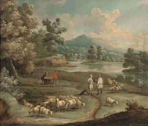 An extensive mountainous landscape, with figures and a wagon on a path by a lake; and A river landscape with shepherds conversing
