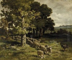 Schafherde In Einem Eichenhain. by Charles Ferdinand Ceramano