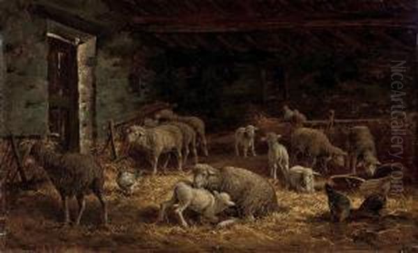 Sheep And Poultry In A Barn by Charles Ferdinand Ceramano