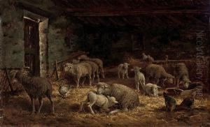 Sheep And Poultry In A Barn by Charles Ferdinand Ceramano