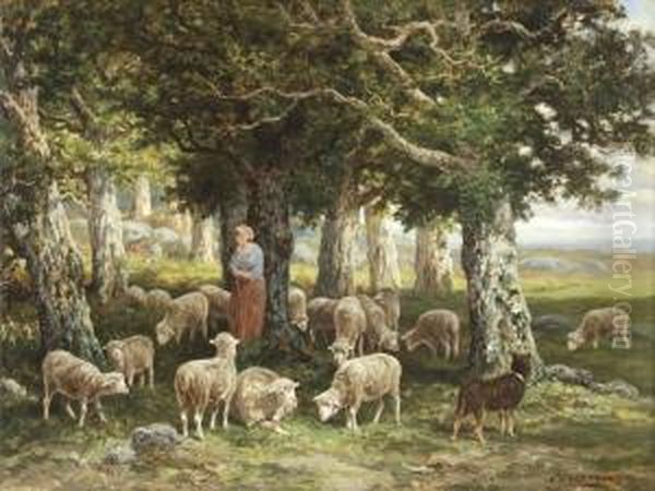Bergere Et Ses Moutons A L'oree Du Bois - view 1