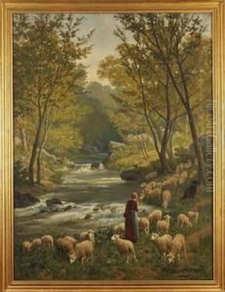Bergere Et Ses Moutons En Bord De Torrent - view 1