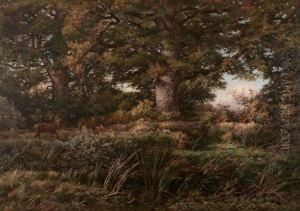 Le Bas-breau A Barbizon Anime D'un Cerfet De Biches by Charles Ferdinand Ceramano