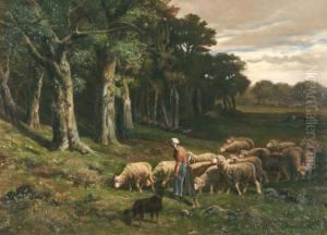 Bergere Et Ses Moutons A Barbizon by Charles Ferdinand Ceramano