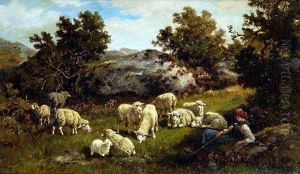 Shepherdess Watching Her Sheep, In A Rocky Landscape