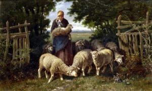 Shepherdess With Sheep And Lambs