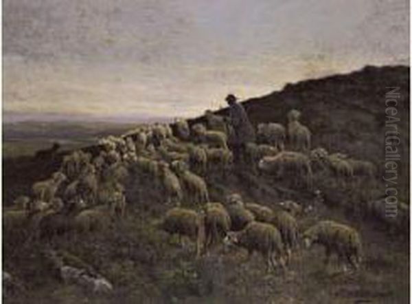 Berger Et Son Troupeau Sur La Colline - view 1