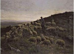 Berger Et Son Troupeau Sur La Colline by Charles Ferdinand Ceramano