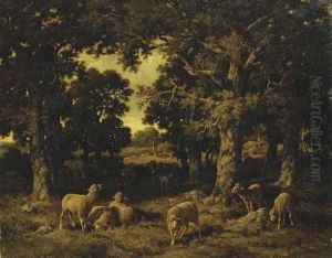 Sheep Grazing In A Wooded Landscape by Charles Ferdinand Ceramano